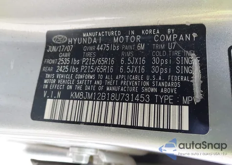 2008 Hyundai Tucson Gls из США, поврежденный, VIN KM8JM12B18U731453